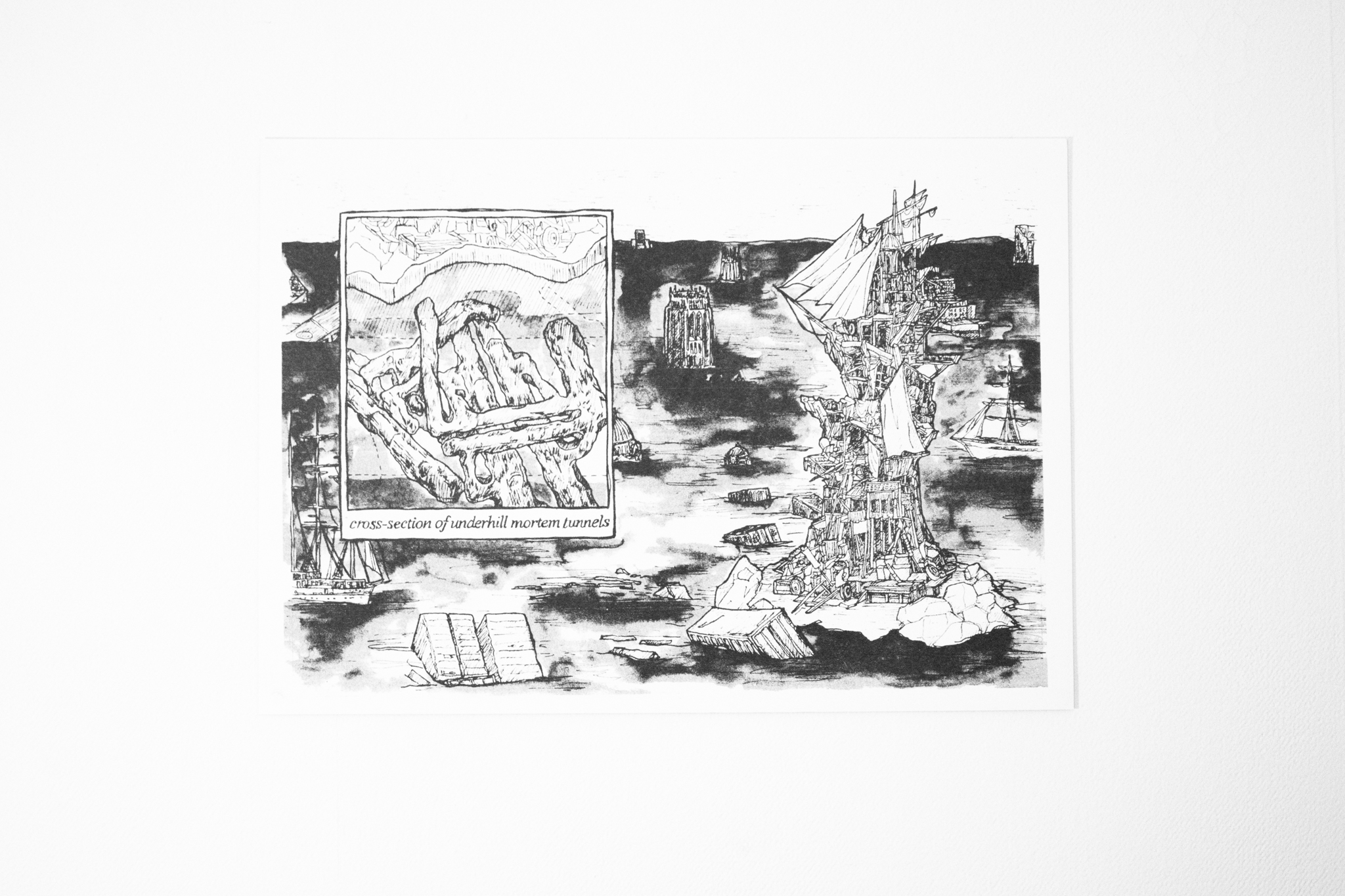 Print by Harriet Burns showing fantasy buildings and seascape