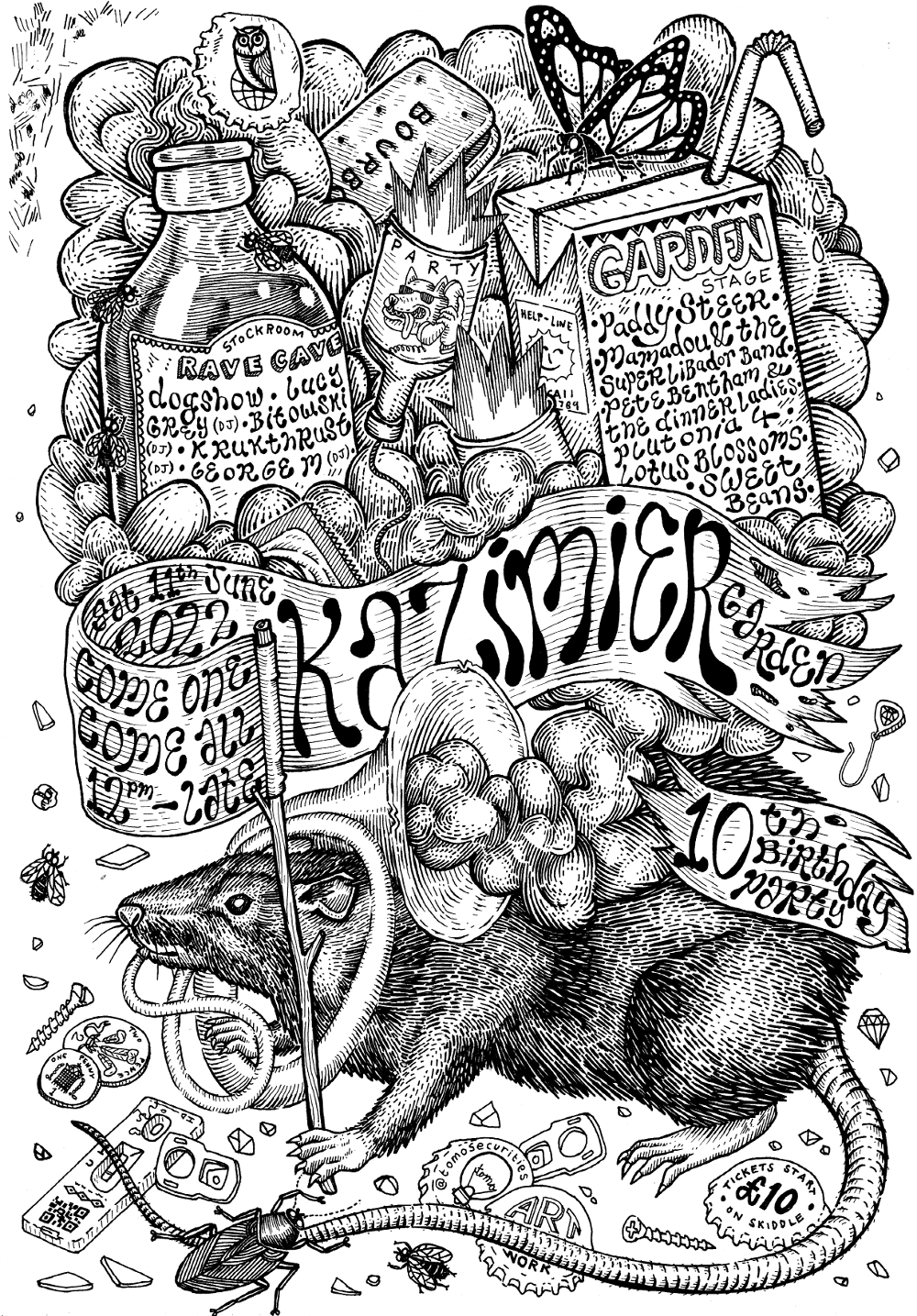 Illustrated poster for Kazimier Gardens 10th Birthday Party by Tomo Securities